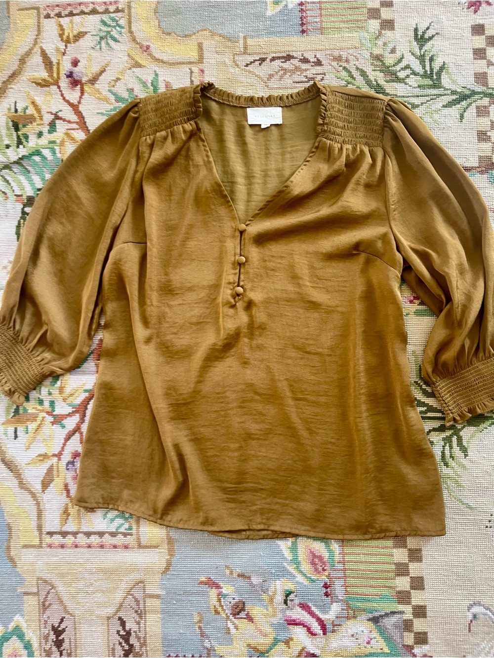 MELLODAY Golden Mustard V-Neck Smocked Sleeve Blouse